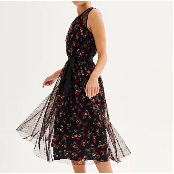 Draper James RSVP sleeveless clip dot tulle dress dainty floral black multi larg - Picture 3 of 11